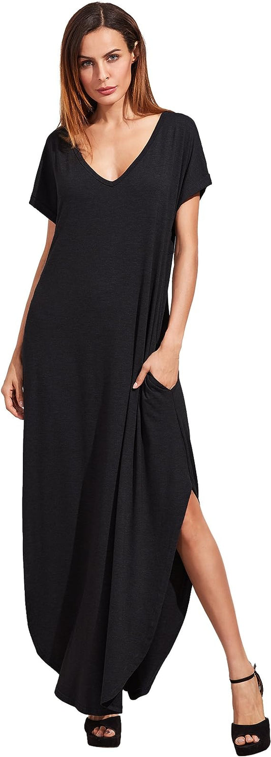 V Neck Split Tshirt Maxi Dress